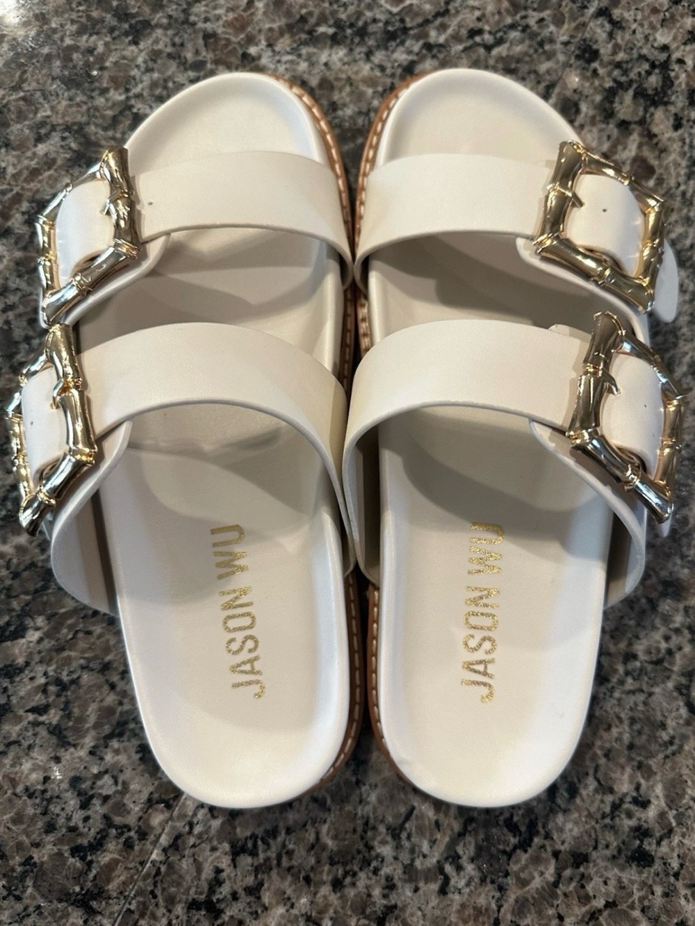 Jason Wu Ivory Double-Buckle Slide Sandals with Gold Buckles